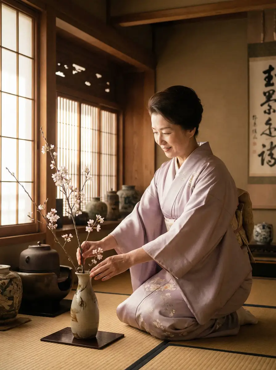 一位优雅的 半岛综合体育平台 在和室中插花